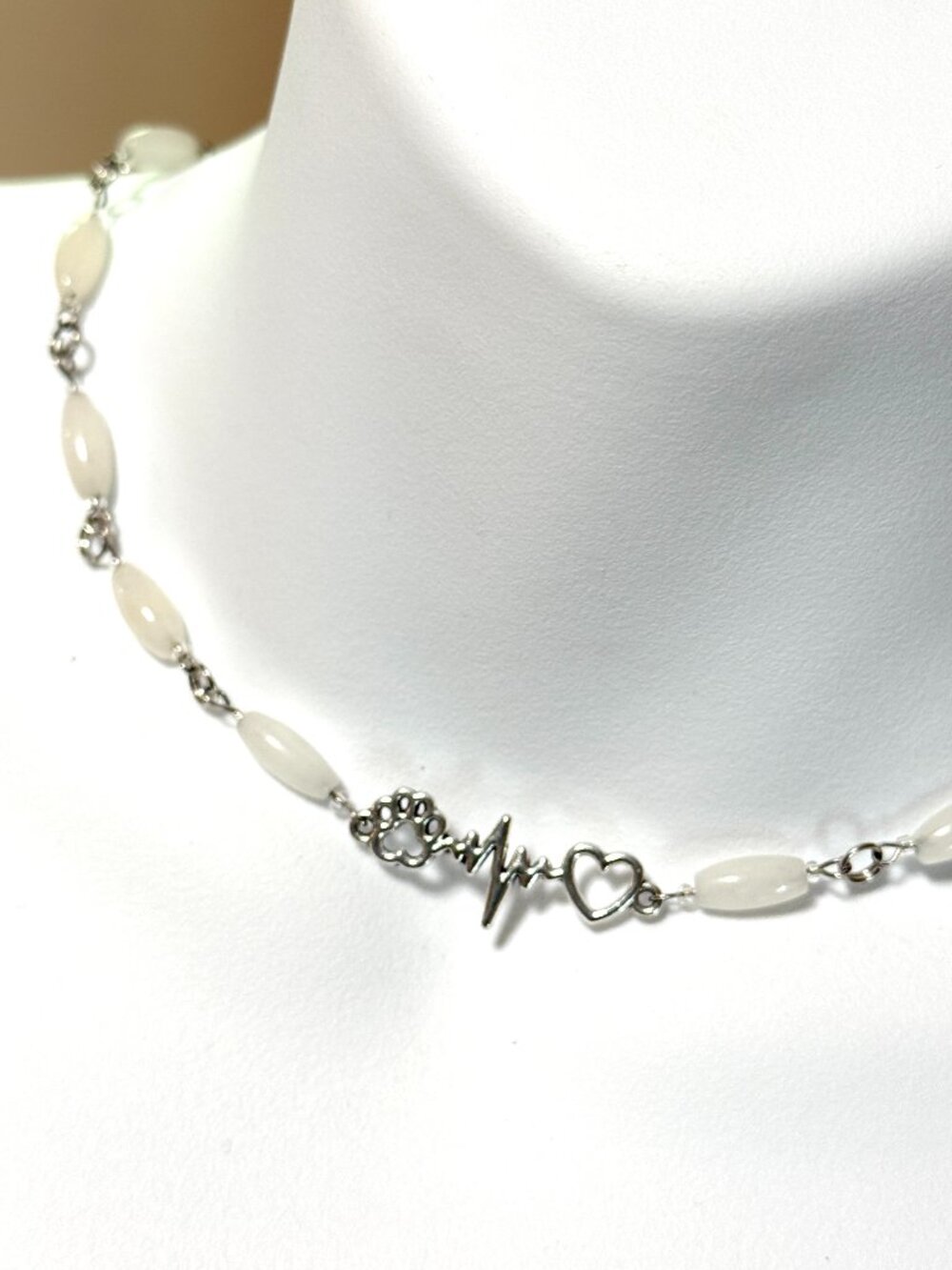 Genuine Milky Quartz Short Necklace, Gemstone w/ Paw Print Heart Beat Pendant